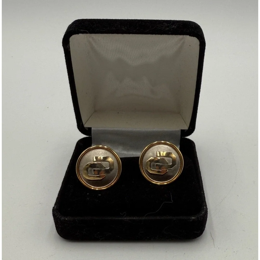 Vintage‎ Two-Tone Gold & Silver Abstract Geometric Logo Cufflinks with Box